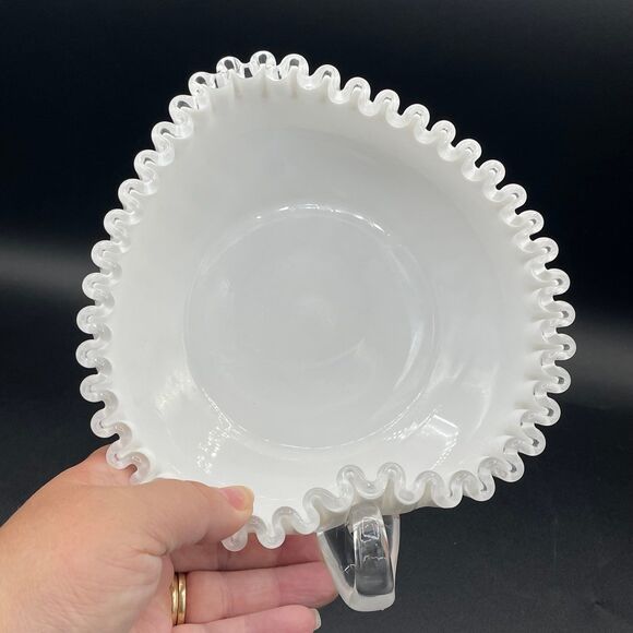 Fenton Milk Glass Heart Shape Nappy Candy Dish w/ Silver Crest Ruffled Edge - Picture 8 of 12